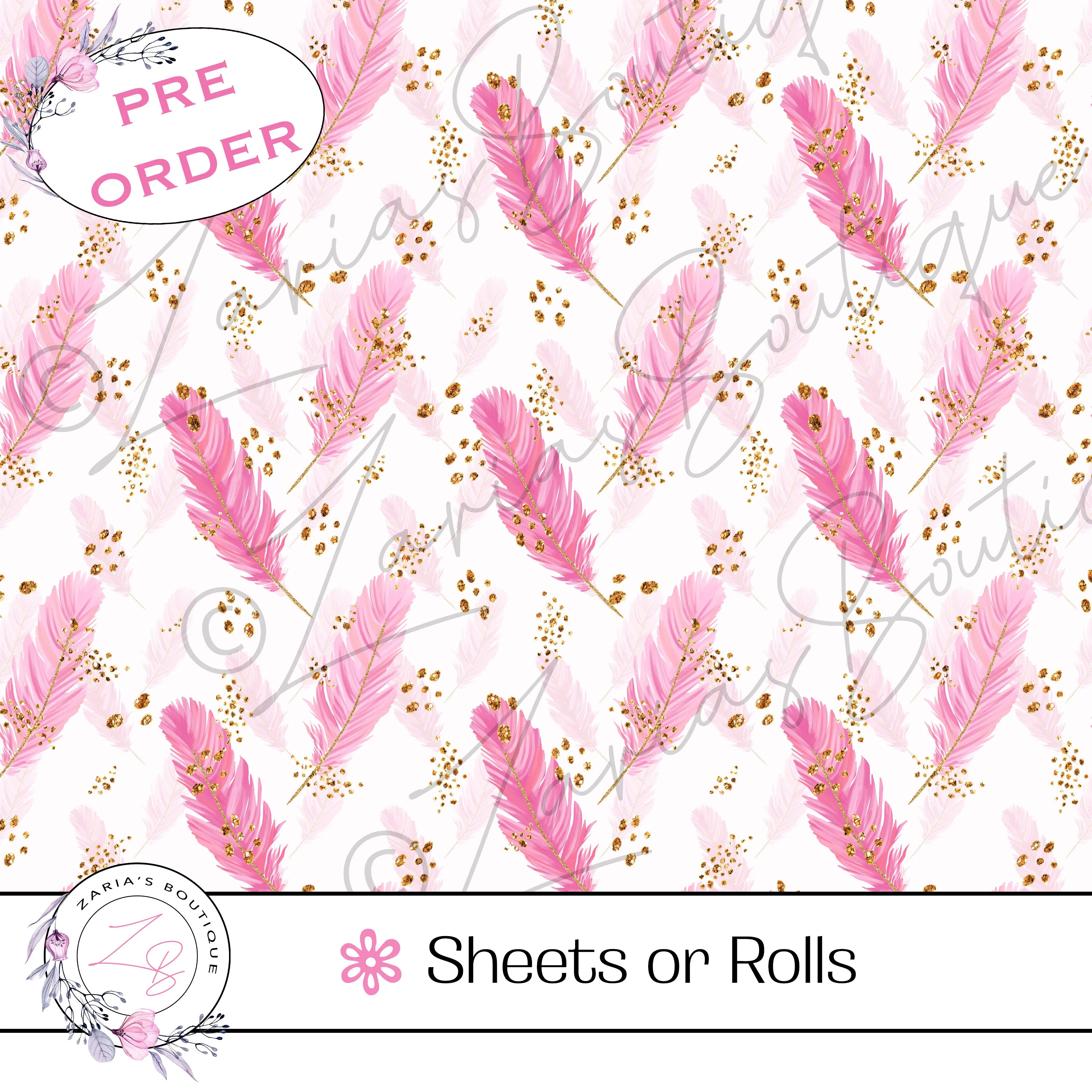 ⋅ Pink Feathers ⋅ Custom Luxe Vegan Faux Leather ⋅ Sheets or Rolls! ⋅