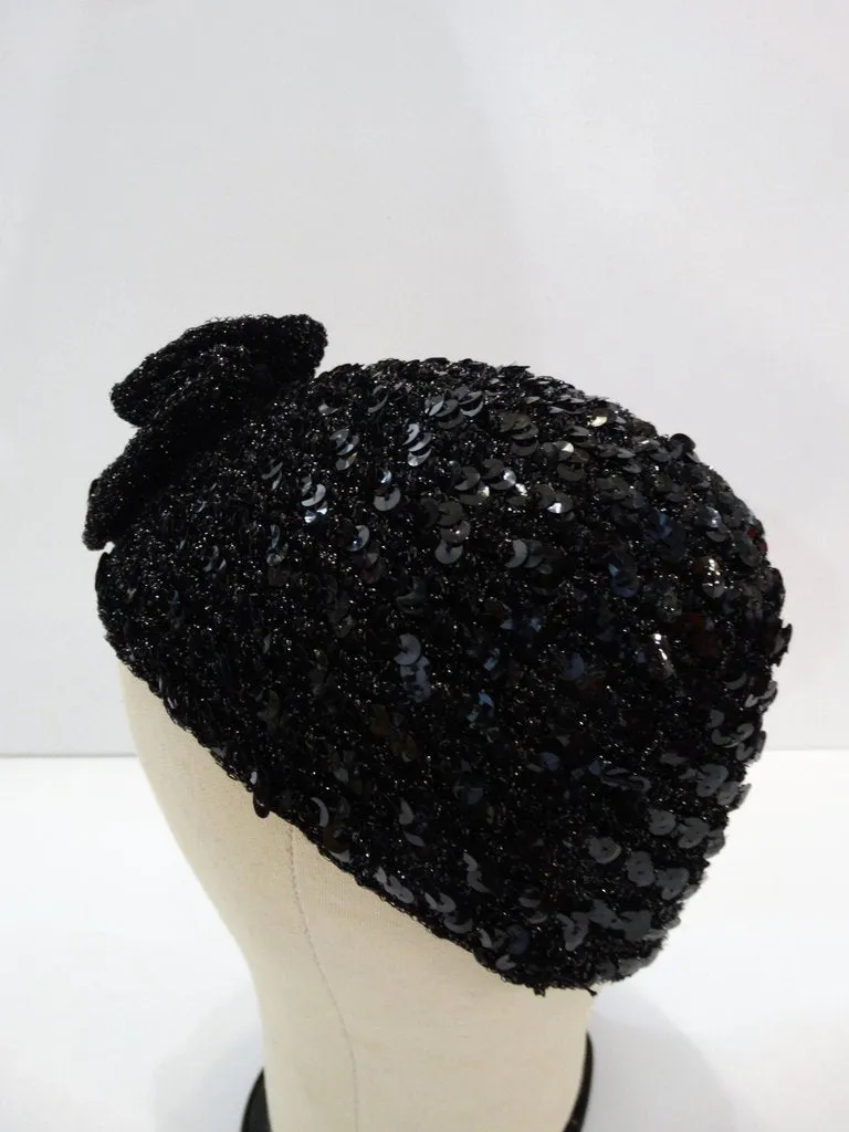 1970s Saks Fifth Avenue Black Sequin Flower Skullcap