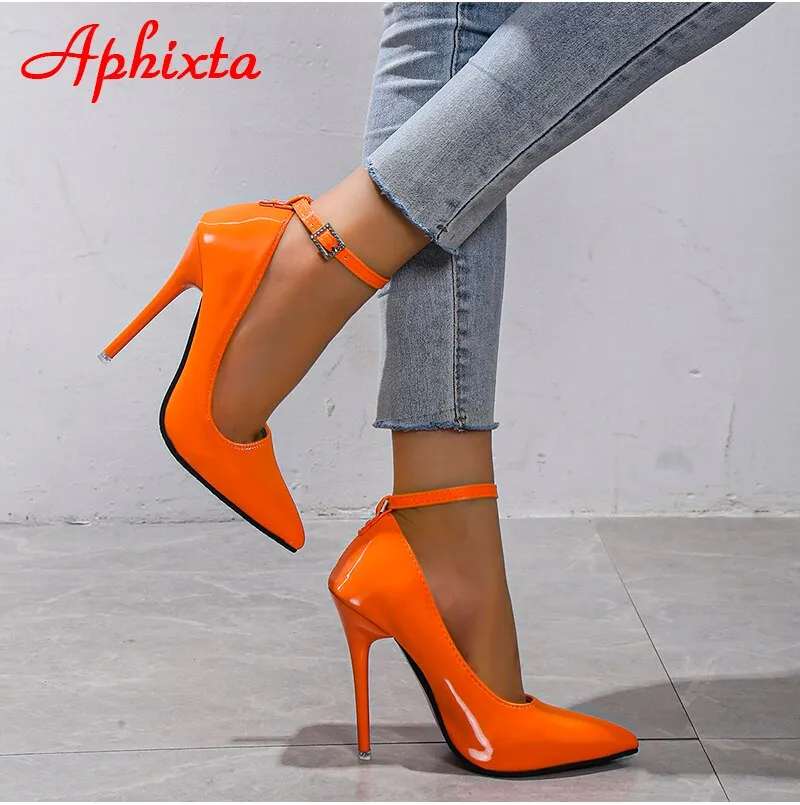 Aphixta Orange New Luxury Crystals Buckle Pimp Super High 12cm Stiletto Sexy StilettoWomen Shoes Pointed Toe Colorful Party Pumps