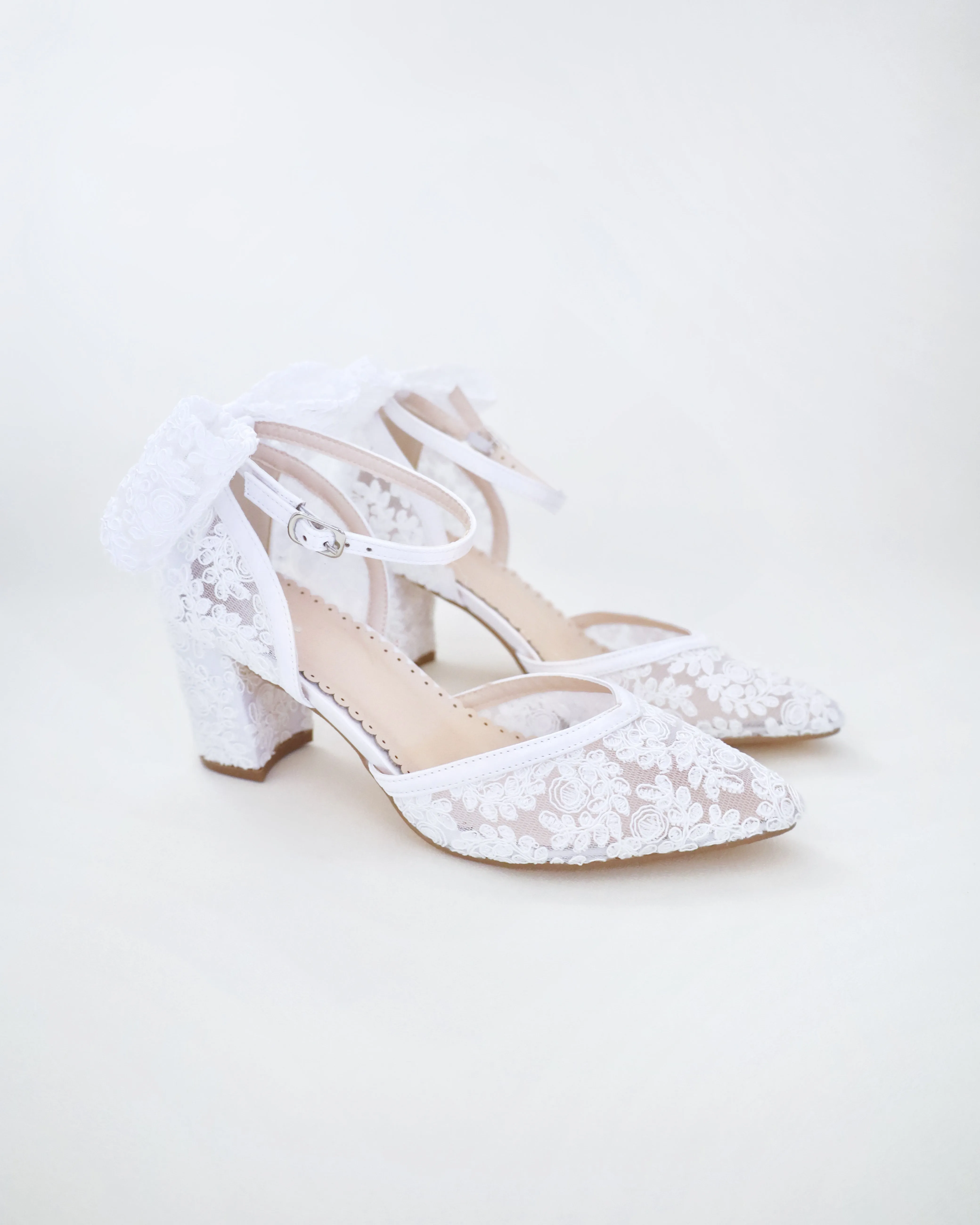 Lace Block Heel For Weddings with Back Crochet Bow