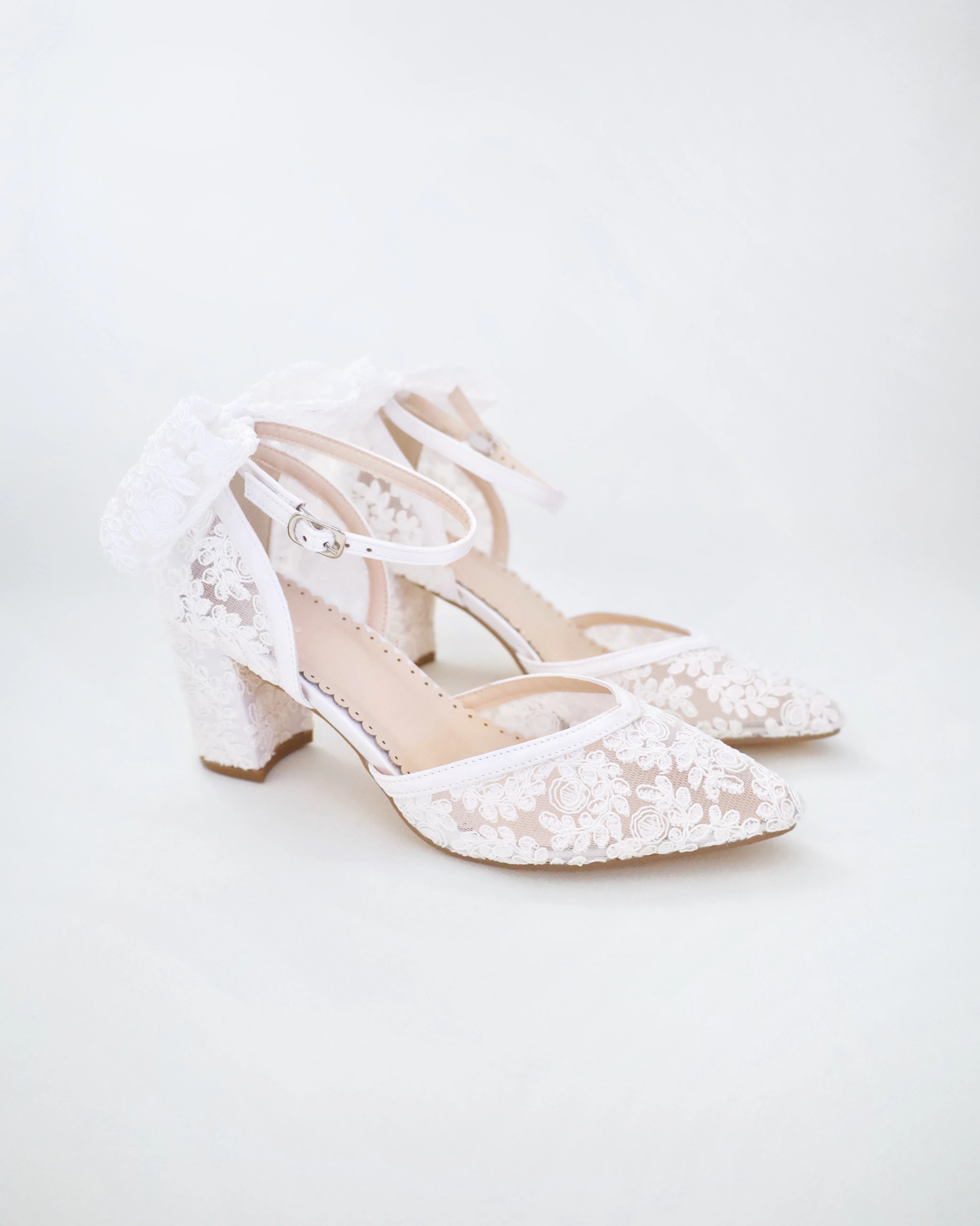 Lace Block Heel For Weddings with Back Crochet Bow