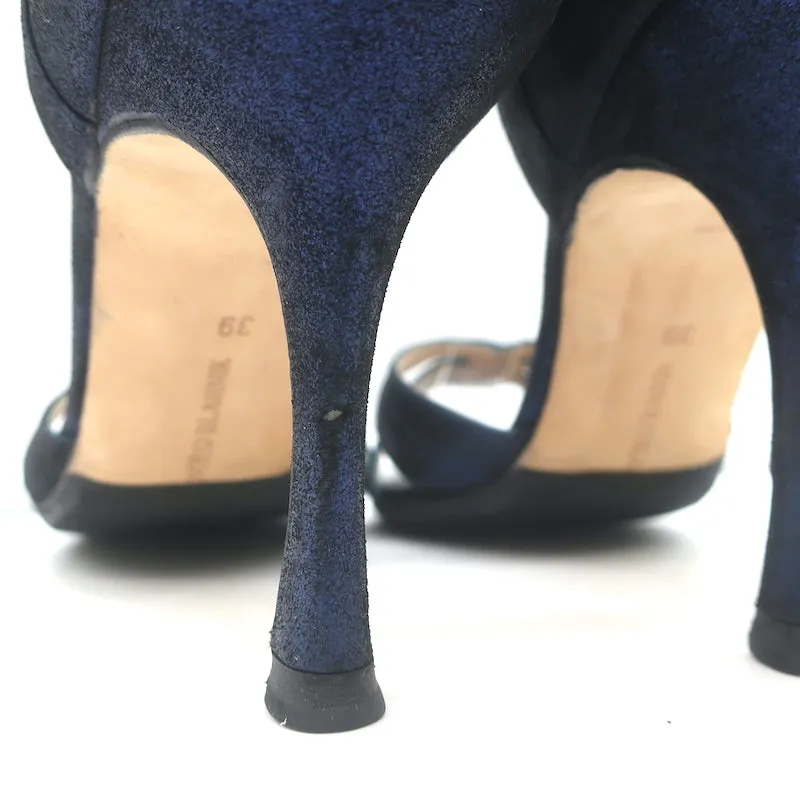 Manolo Blahnik Cutout d'Orsay Pumps Navy Metallic Suede Size 39 Open Toe Heels
