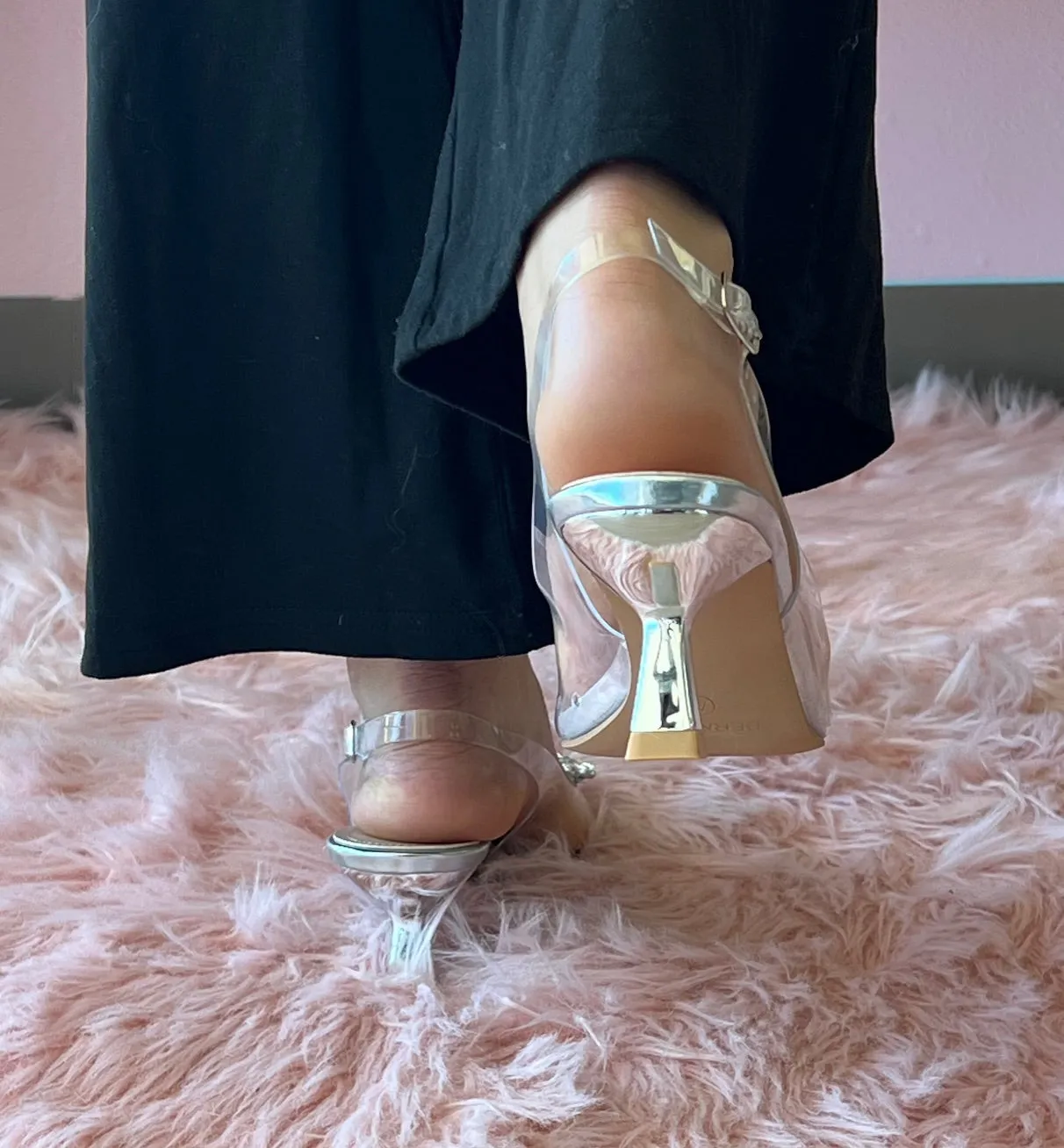 NANCY Clear Silver Pointy Toe Brooch Kitten Heel