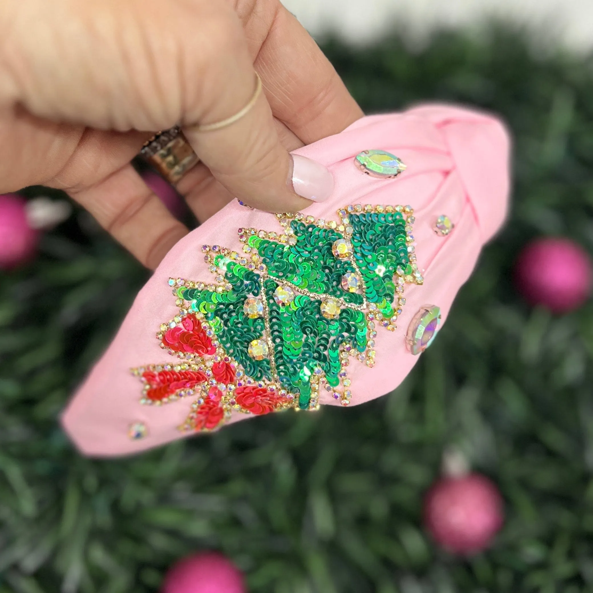 Pink Headband with Beaded Christmas Tree