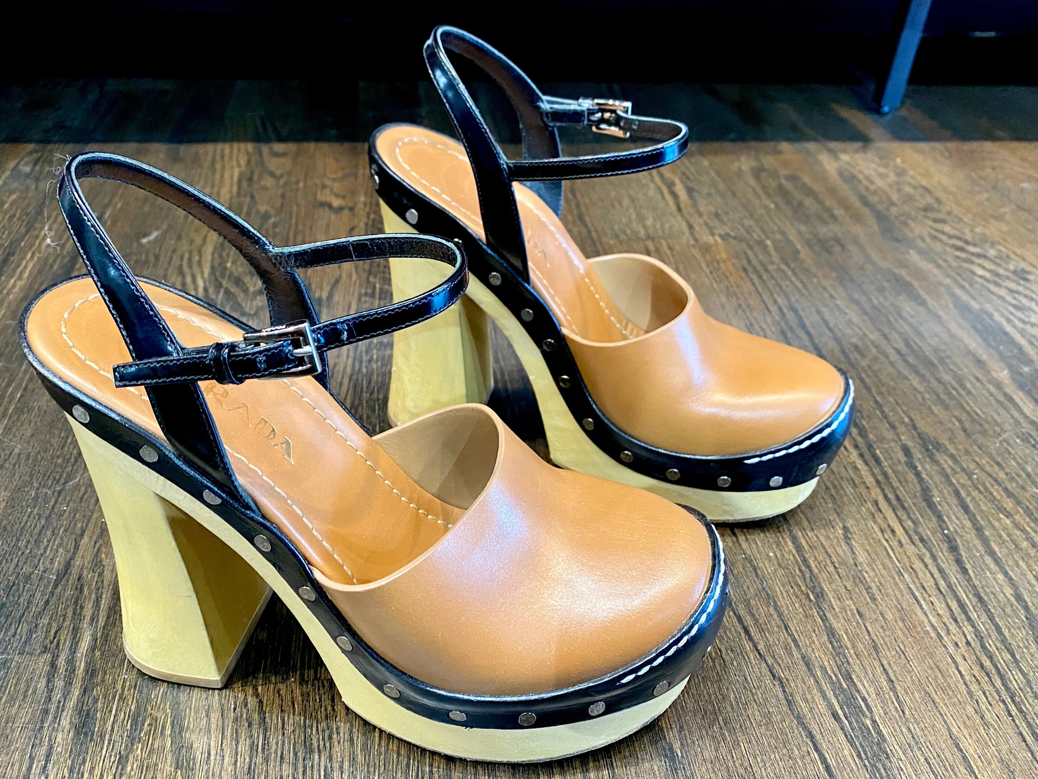 Prada Wooden-Heeled Leather Platform Sandals
