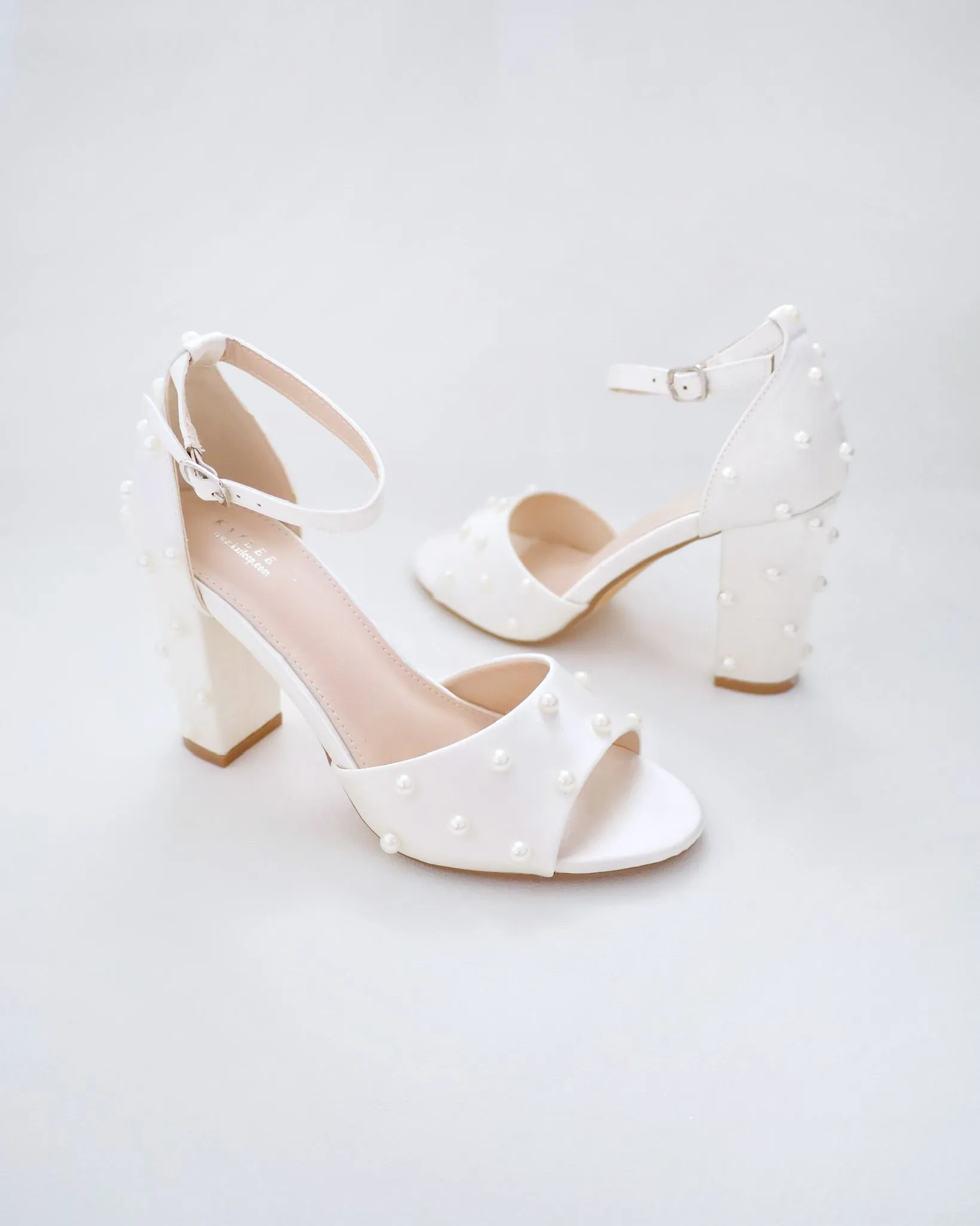 Satin Block Heel Wedding Sandals with Scattered Pearls