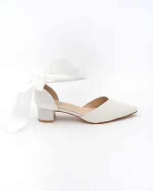 Satin Pointy Toe Low Block Heels Wedding Shoes with Wrapped Ribbon Tie