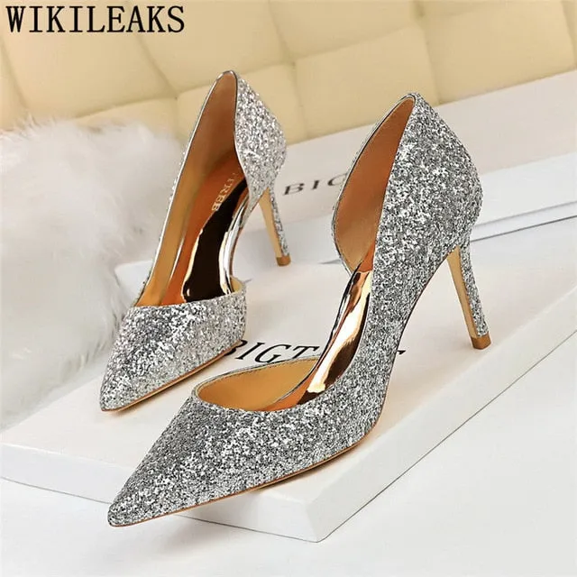 Sexy High Heels Pointed Toe Stiletto Glitter Heels- Wedding Shoes Bride Designer Heels
