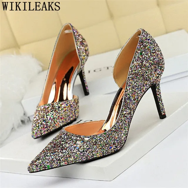 Sexy High Heels Pointed Toe Stiletto Glitter Heels- Wedding Shoes Bride Designer Heels