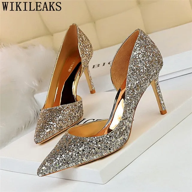 Sexy High Heels Pointed Toe Stiletto Glitter Heels- Wedding Shoes Bride Designer Heels