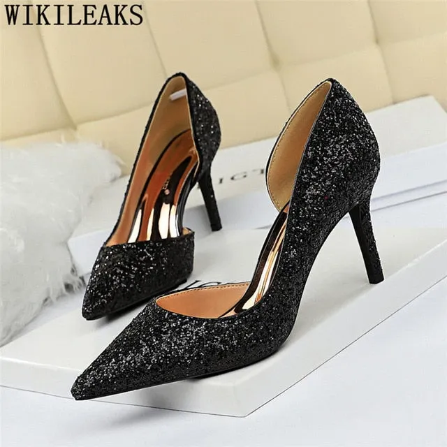 Sexy High Heels Pointed Toe Stiletto Glitter Heels- Wedding Shoes Bride Designer Heels