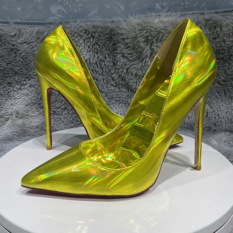 Tikicup Laser All Gold Women Sparkle Shiny Pointy Toe High Heel Shoes for Party Sexy D'Orsay Side Cut Stiletto Pumps Plus Size