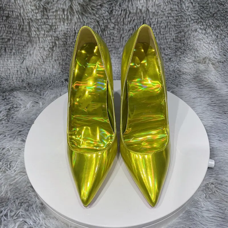 Tikicup Laser All Gold Women Sparkle Shiny Pointy Toe High Heel Shoes for Party Sexy D'Orsay Side Cut Stiletto Pumps Plus Size