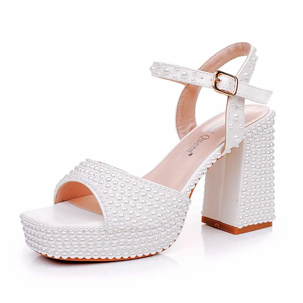 White Platform Wedding Shoes Pearls Bridal Sandals Chunky Prom Heels