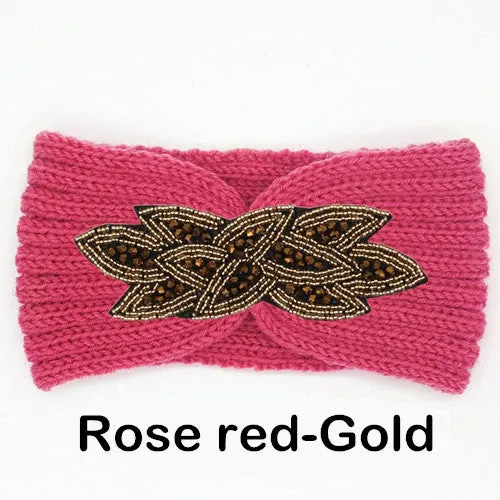 Women's Beaded Knitted Wool Headbands Boho Flower Turban Head Wrap Bandage Winter Ear Warmer Girls Hairband Hair Accessories