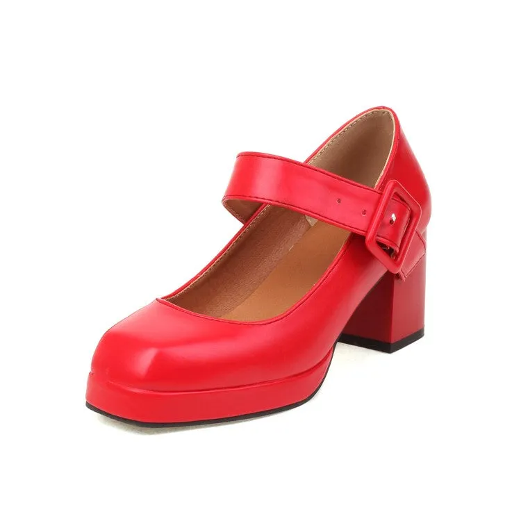 Women's Platform Pumps Glossy Square Toe Mary Janes Buckle Straps Block Chunky Heel