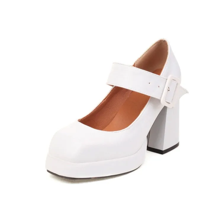 Women's Platform Pumps Glossy Square Toe Mary Janes Buckle Straps Block Chunky Heel