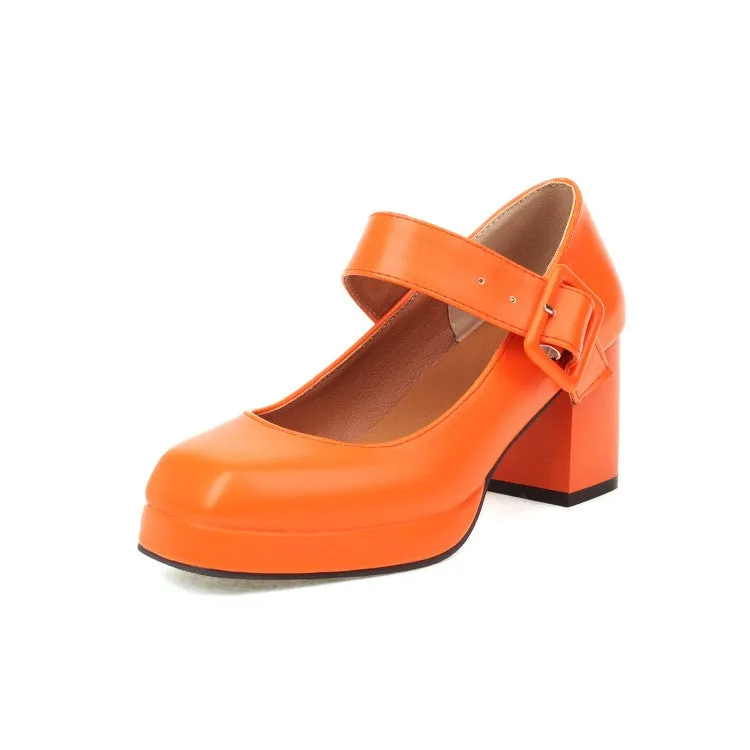 Women's Platform Pumps Glossy Square Toe Mary Janes Buckle Straps Block Chunky Heel