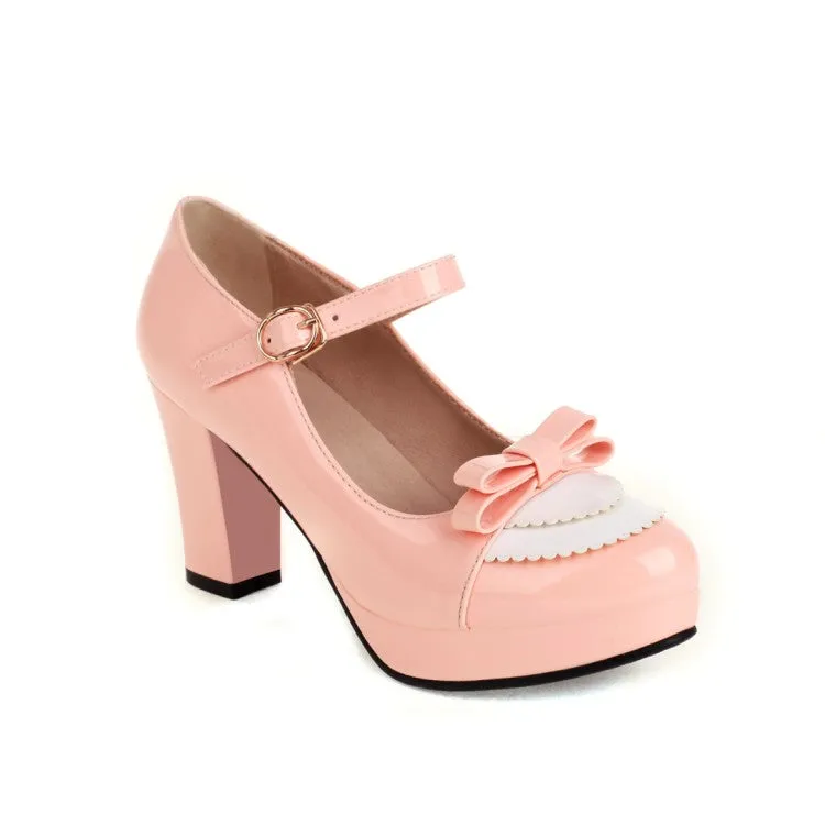 Women's Shallow Bicolor Block Heel Mary Janes Platform Pumps